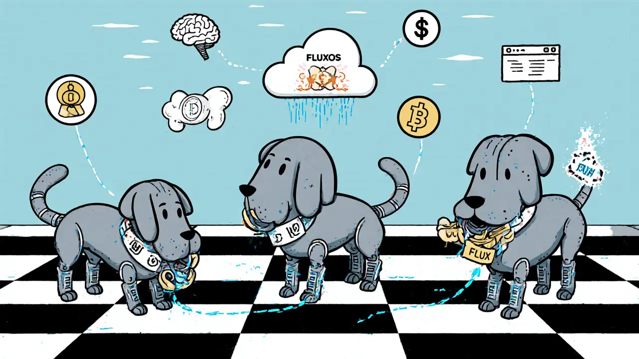 Three robot dog nodes with FLUX collars uploading data to a cloud labeled FluxOS.