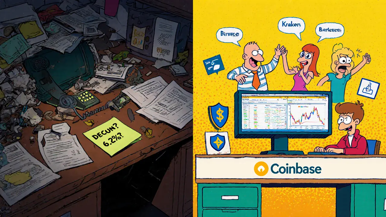 A cartoon comparison: chaotic, empty Decoin desk vs. vibrant, organized legitimate exchange desk.