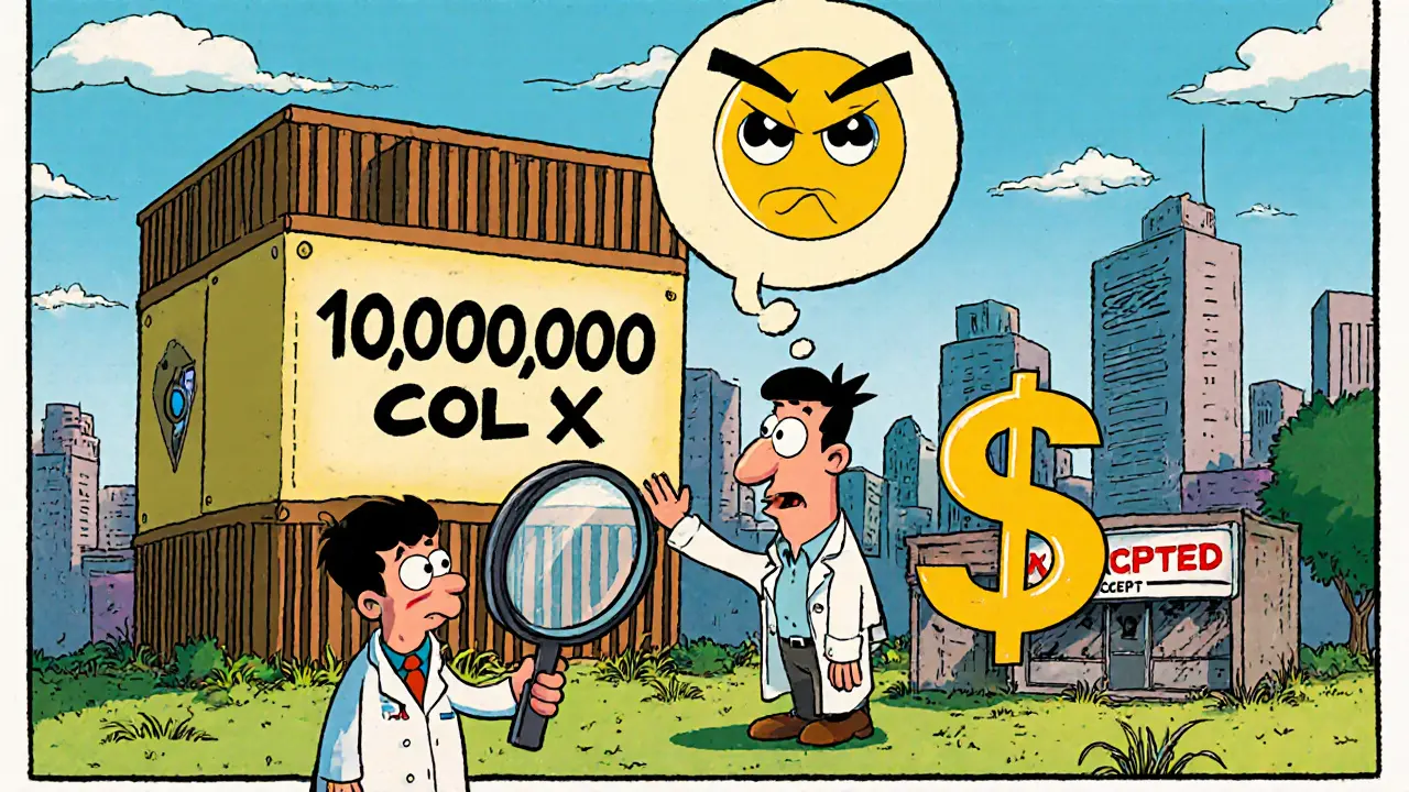 A giant masternode machine blocks a city, with a tiny investor looking overwhelmed.