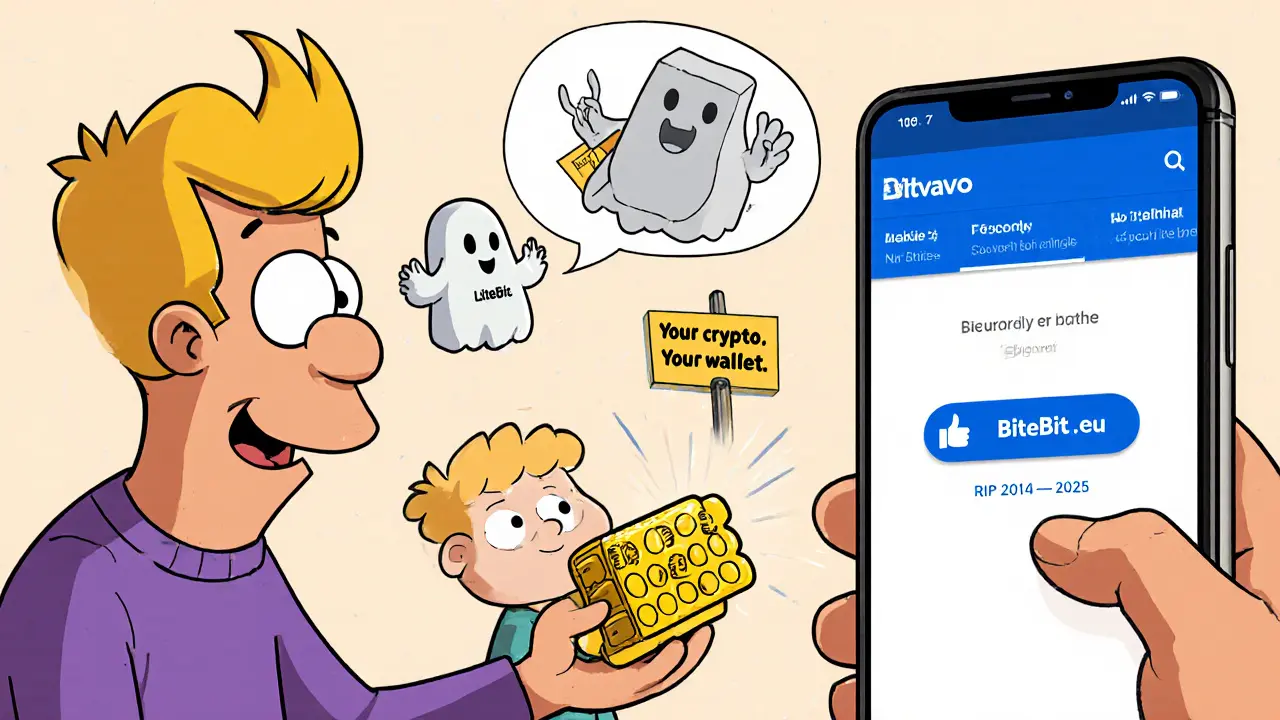 A parent gives a child a hardware wallet as the ghost of LiteBit.eu fades away, with Bitvavo’s simple app interface glowing warmly.