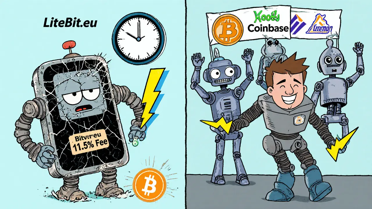 A slow, outdated LiteBit robot contrasts with a fast Bitvavo robot, as other crypto platforms cheer in the background.