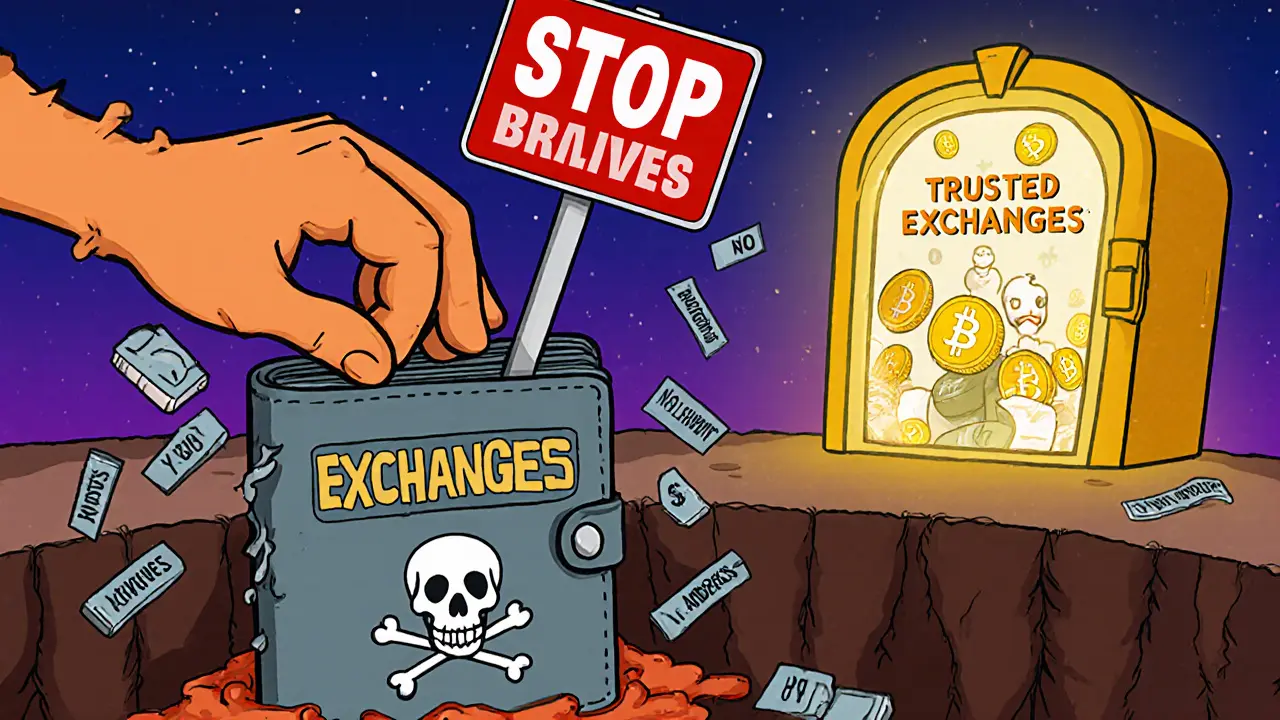 A wallet falling into a pit of red flags while a &#039;STOP&#039; sign looms above, with a safe vault glowing in the distance.
