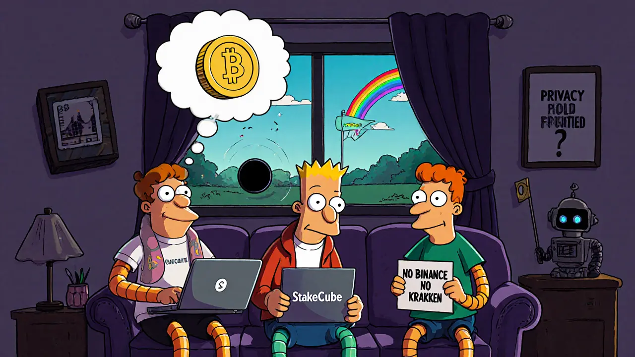 Crypto enthusiasts in a living room, one holding a wallet app, with a low-volume black hole above.