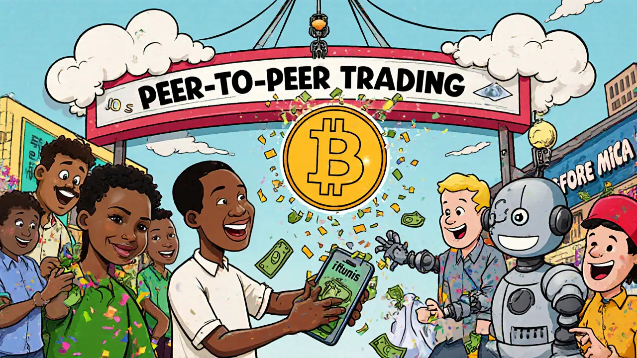 Global cartoon traders exchanging Bitcoin using colorful payment methods like mobile phones and gift cards.