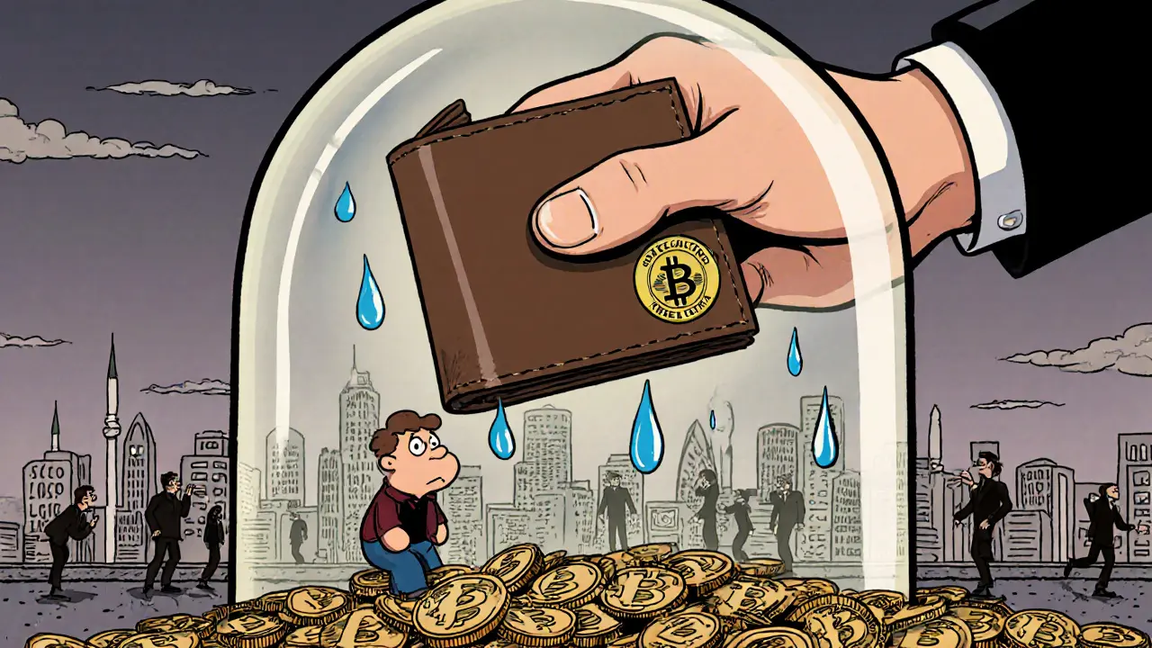 Lonely citizen trapped under a government dome while crypto wallet locks away