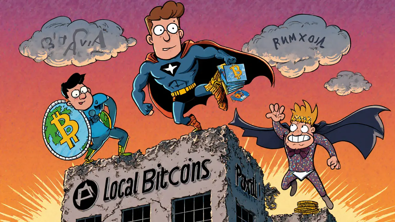 Three crypto platforms as superheroes replacing the retired LocalBitcoins mascot under regulatory clouds.