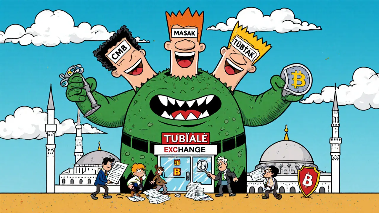 Three-headed regulatory monster overseeing a tiny crypto exchange in vibrant cartoon style