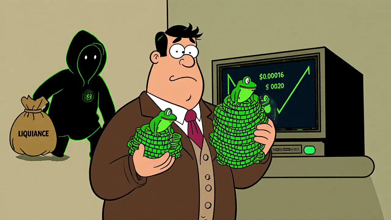 A confused investor stares at a flat crypto price chart while a shadowy figure steals liquidity.