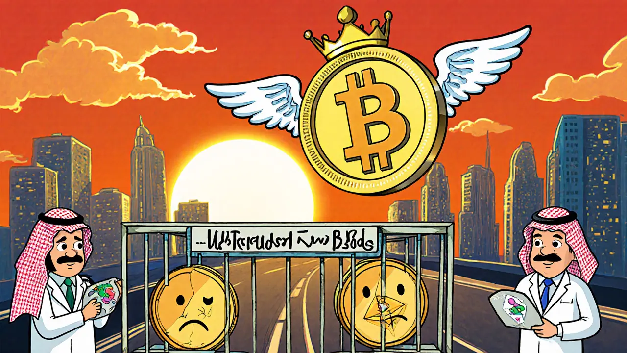 A crown-wearing digital riyal flies over a blockchain highway while banned crypto coins are locked away.