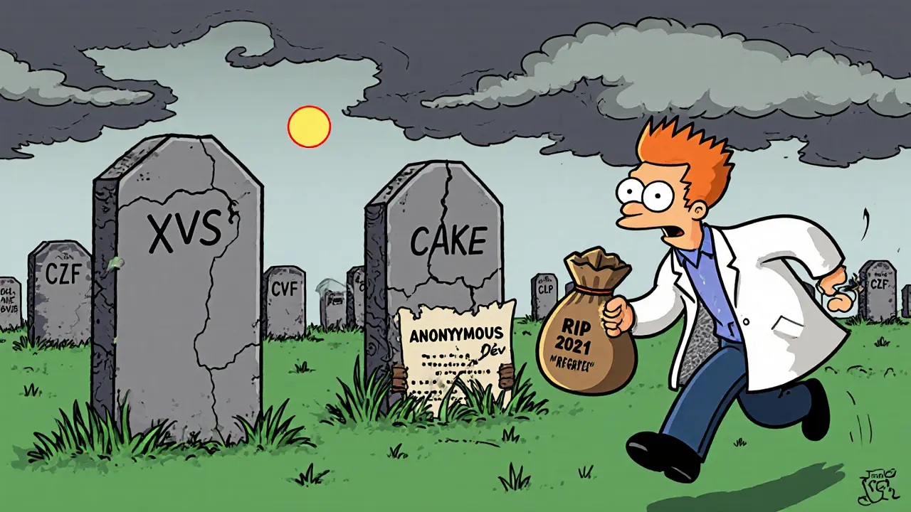 A crypto graveyard with CZF’s cracked tombstone as an anonymous developer flees with a sack of money.