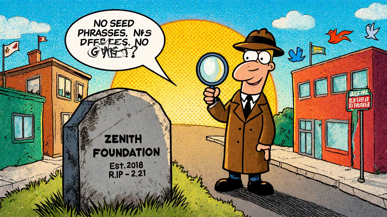 A detective examining a Zenith Foundation tombstone while real crypto projects shine in the background.