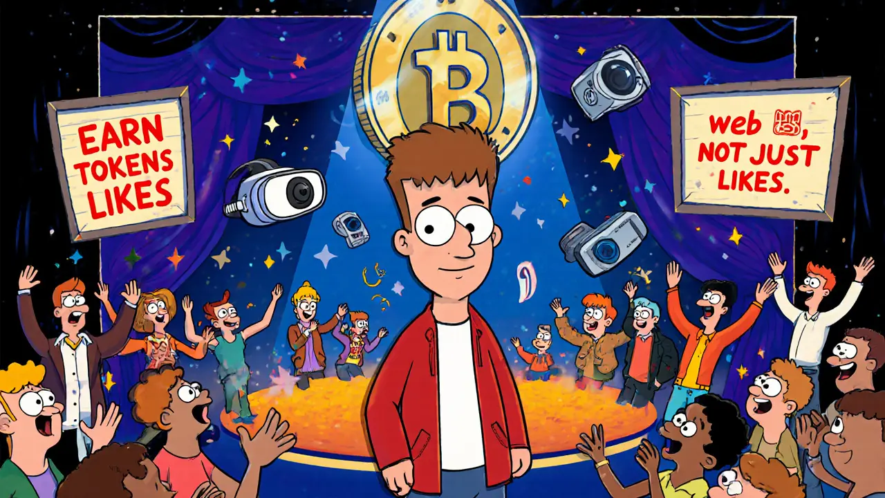 A digital avatar on stage receiving cheers from an audience, with a giant ANTIX token above.