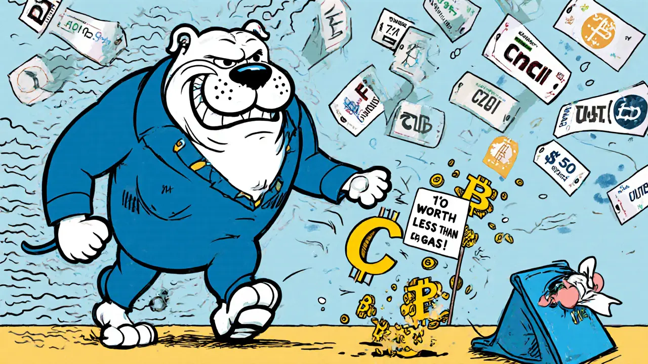 A giant gas fee bulldog chasing a tiny cluster of worthless CZF tokens across a digital landscape.