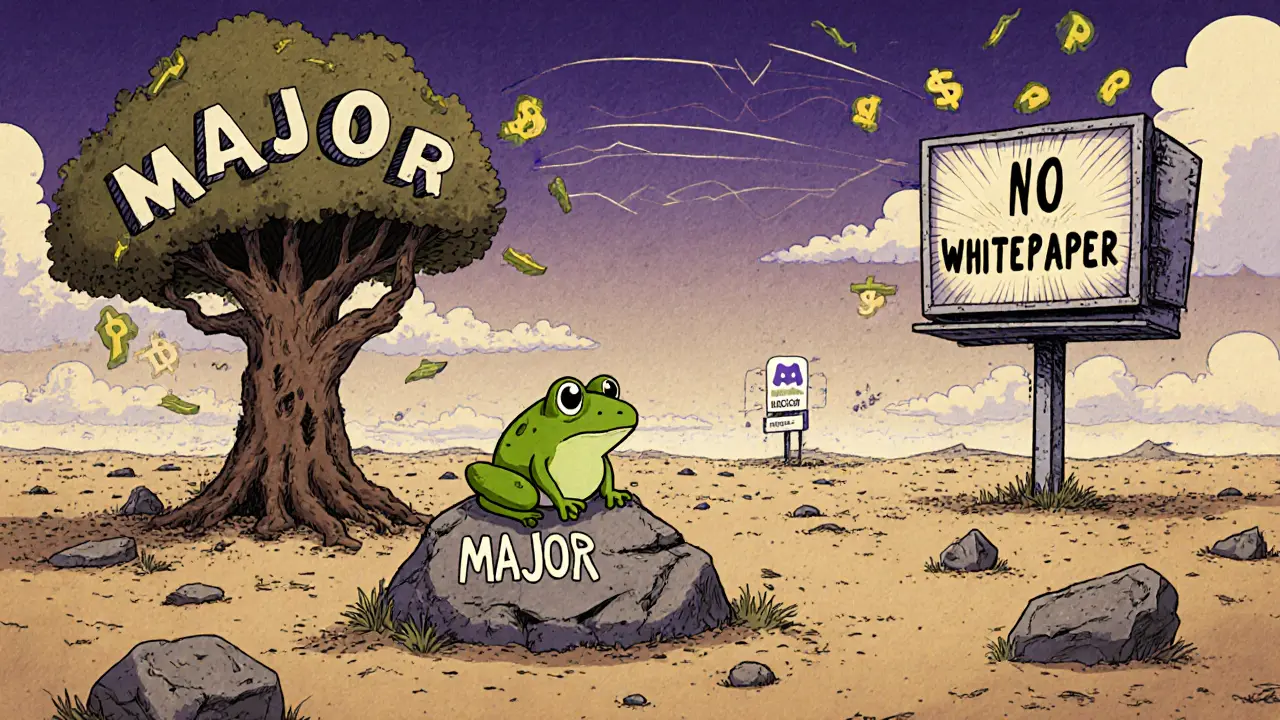 A lonely frog sits on a rock labeled &#039;No Whitepaper&#039; in a barren crypto wasteland.