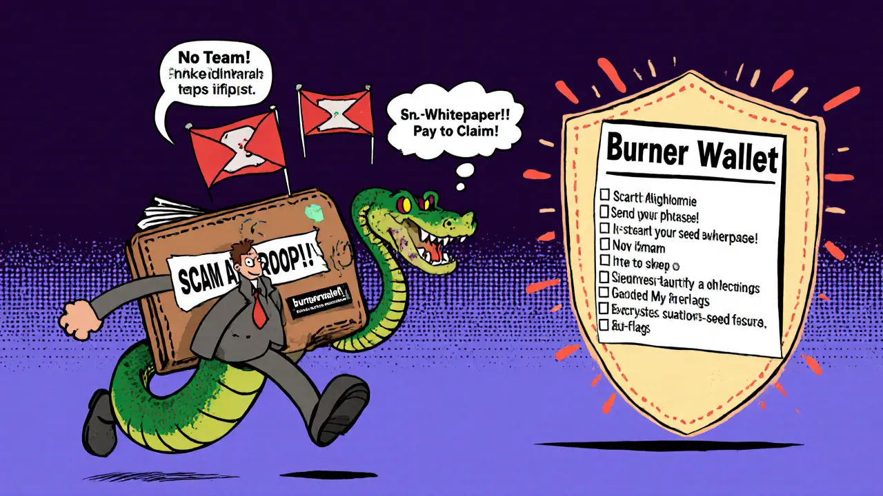 A running wallet escaping a snake in a suit demanding seed phrases, with a protective burner wallet nearby.