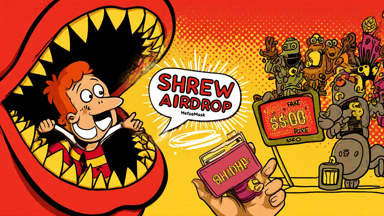 A user unknowingly feeding their wallet into a scam portal shaped like a monster&#039;s mouth.