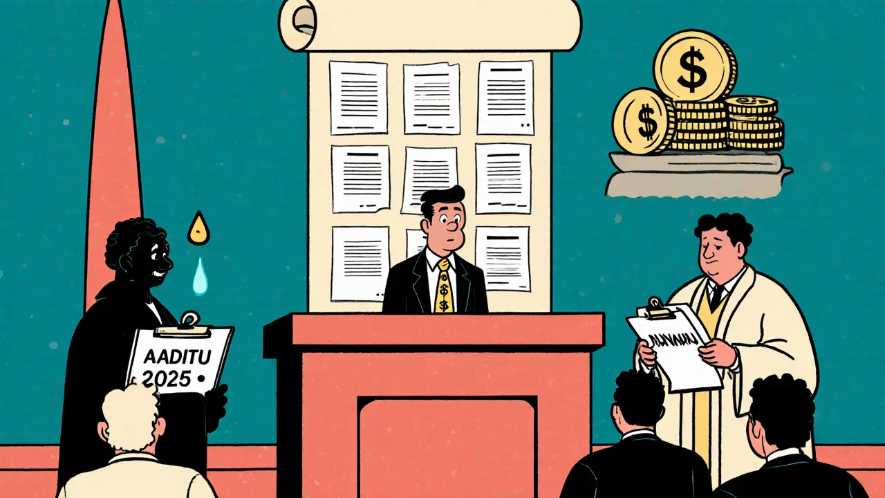 Cartoon courtroom with CEO crying a dollar sign as 9 million blank accounts scroll behind.