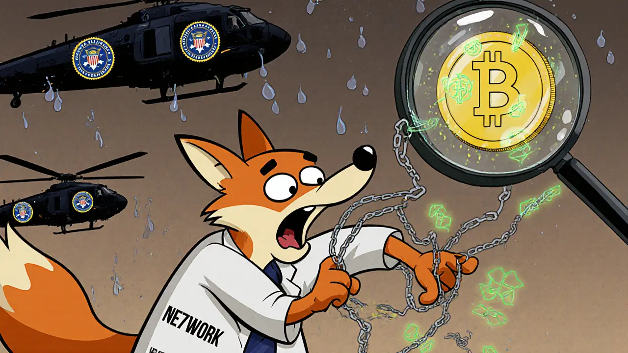 Cartoon fox reprogramming a token while police helicopters hover and blockchain chains snap.