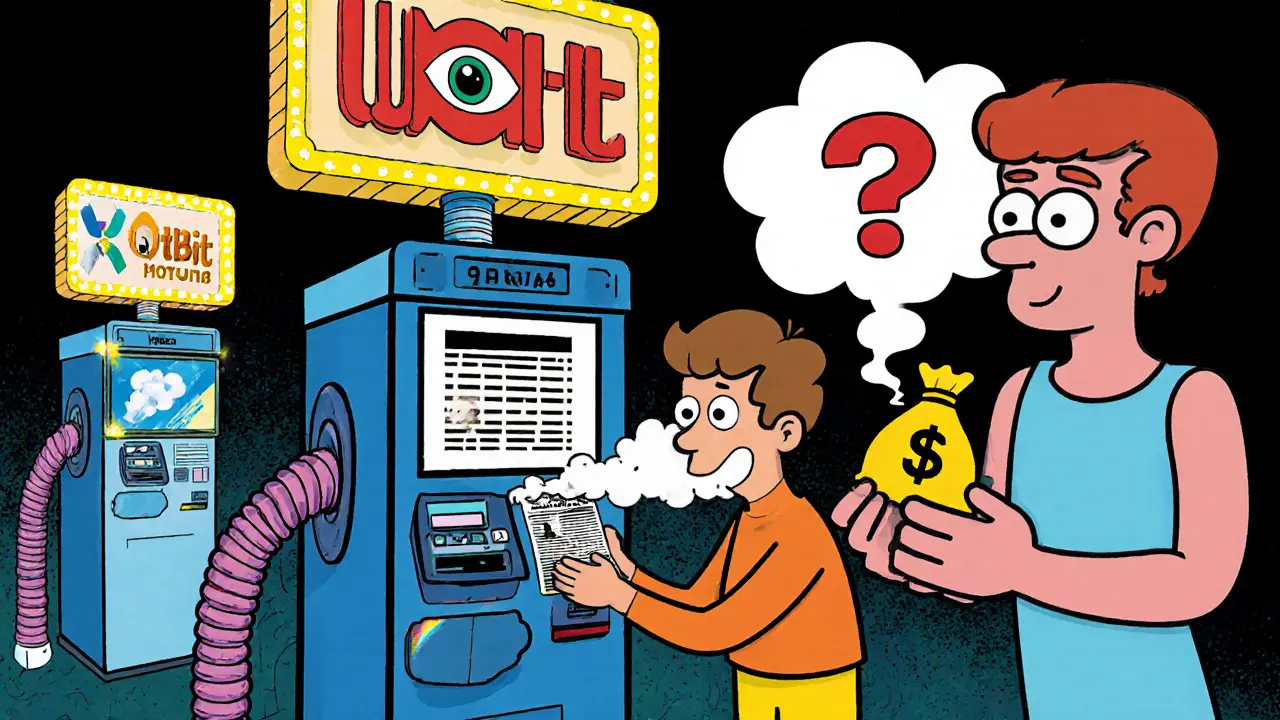 Cartoon kiosk scanning a blurry ID while robots and rival exchanges use high-tech scanners.