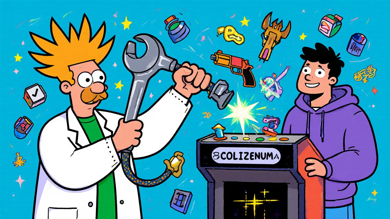 Developer connecting blockchain cable to gaming console as player catches NFT items