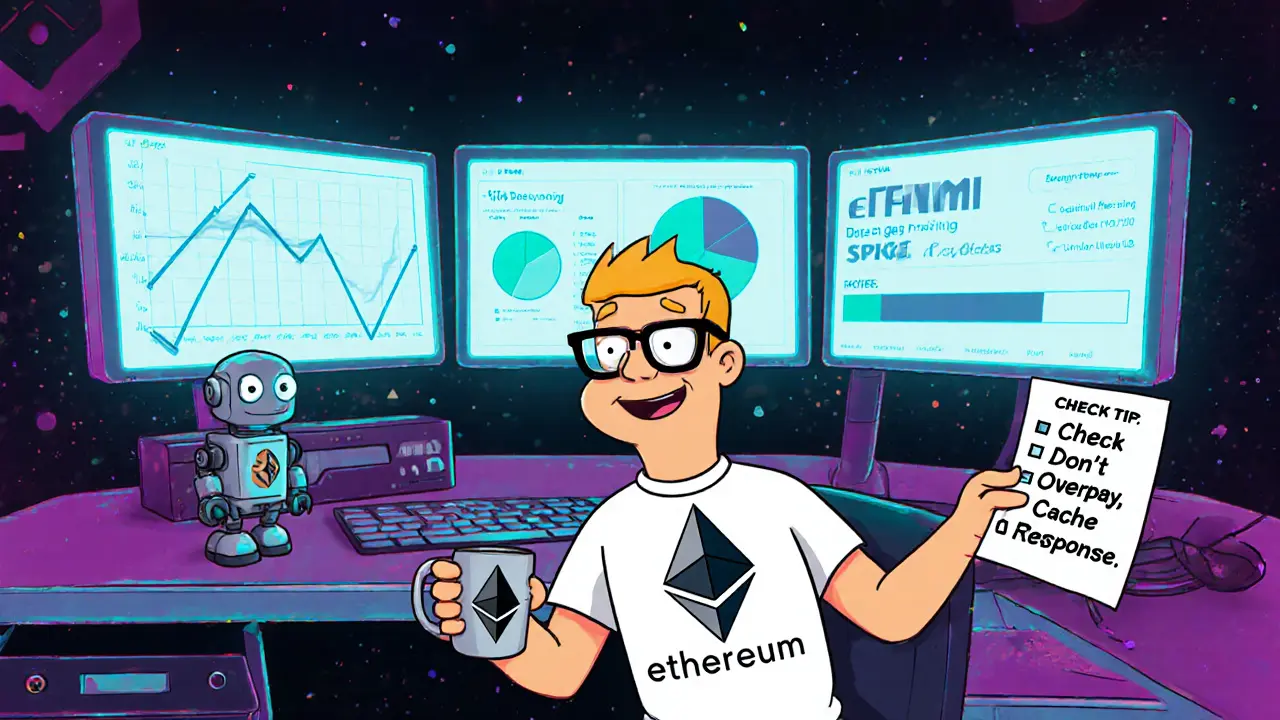 Developer with three monitors showing Ethereum fees and AI predicting spikes, assisted by a small robot.