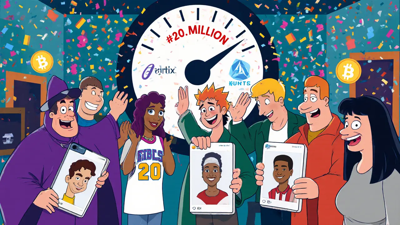 Diverse cartoon characters celebrating with their unique avatars in a digital lounge, sharing #Antix posts.