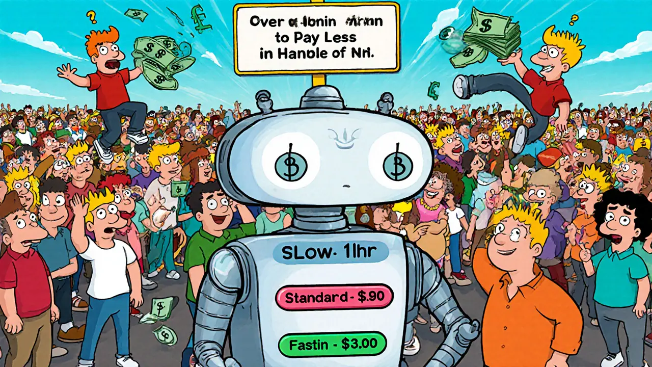 Friendly robot wallet offering three fee options, users throwing away overpaid cash while one celebrates fast confirmation.