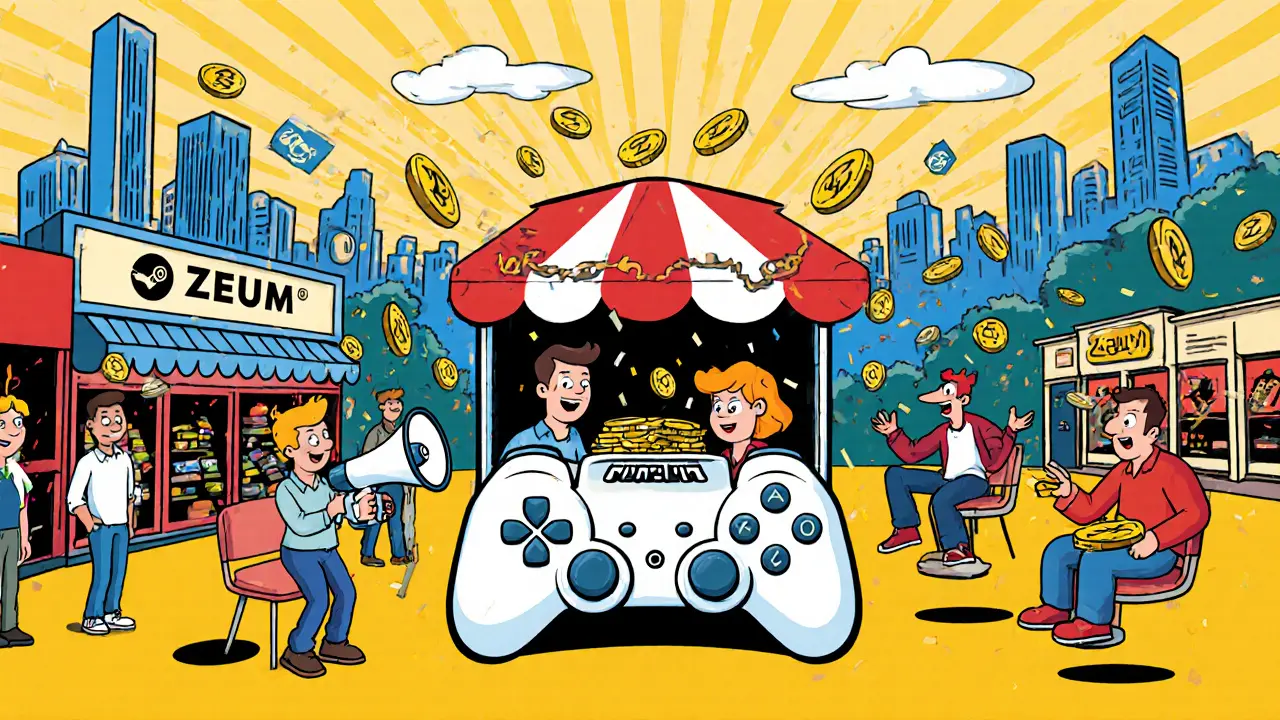 Marketplace where influencers and stakers trade ZEUM tokens in a cartoon game store