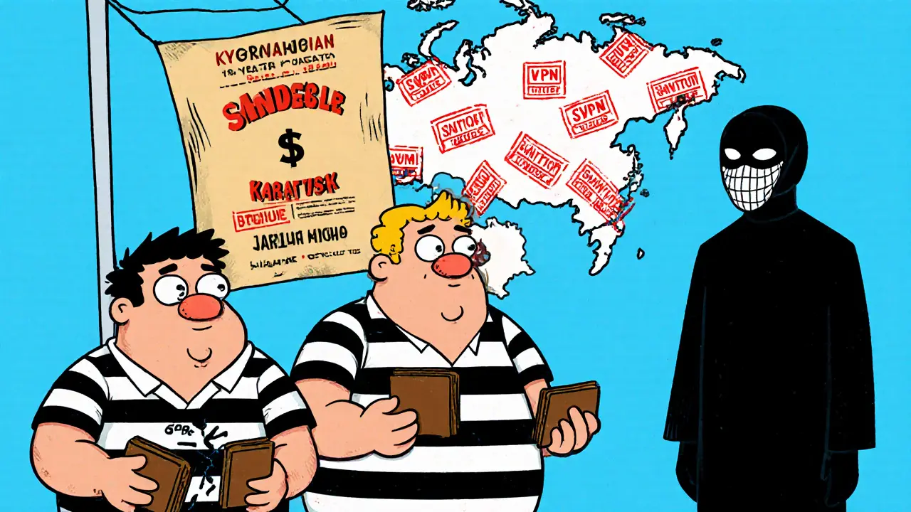 Three cartoon founders in prison stripes with a giant bounty poster and sanctioned map in background.