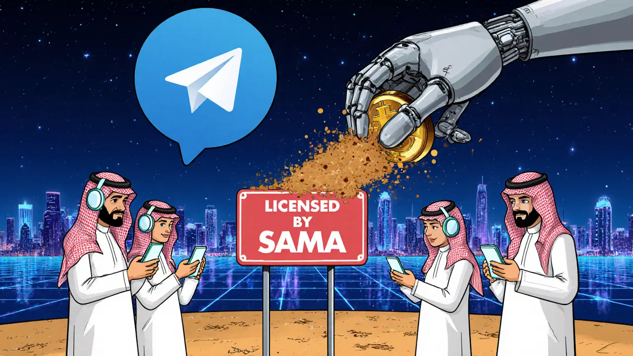 Young Saudis trade crypto via Telegram as a giant SAMA hand crushes a fake licensed exchange.