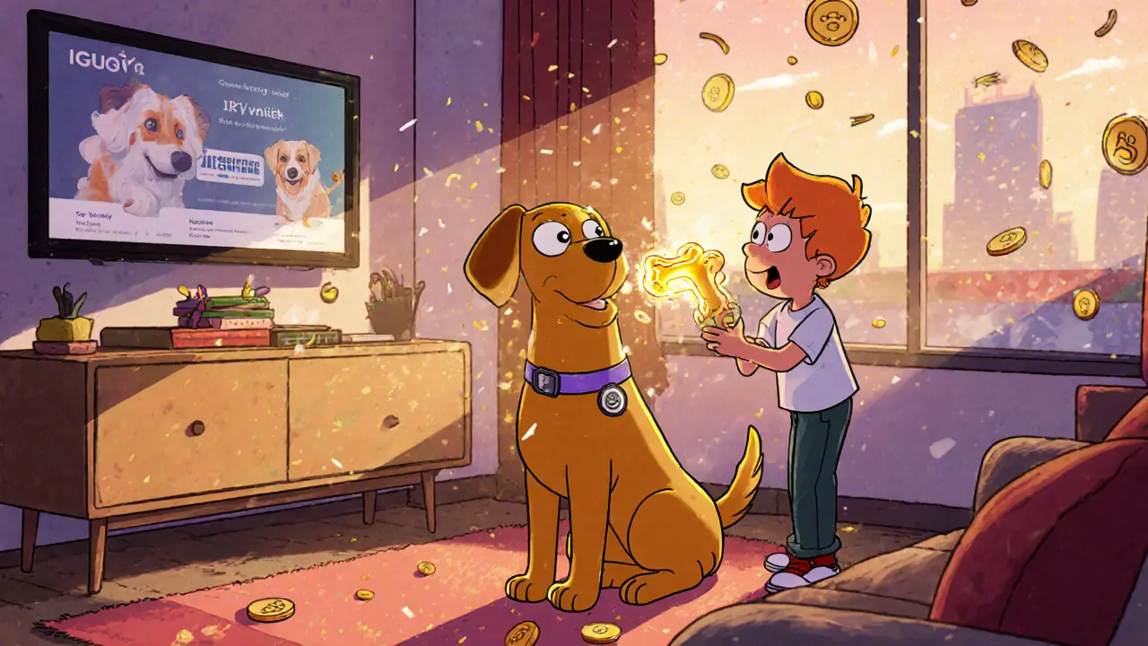 A child feeding an NFT dog that transforms into tokens, with a smart collar and evolving pet image on a TV screen.