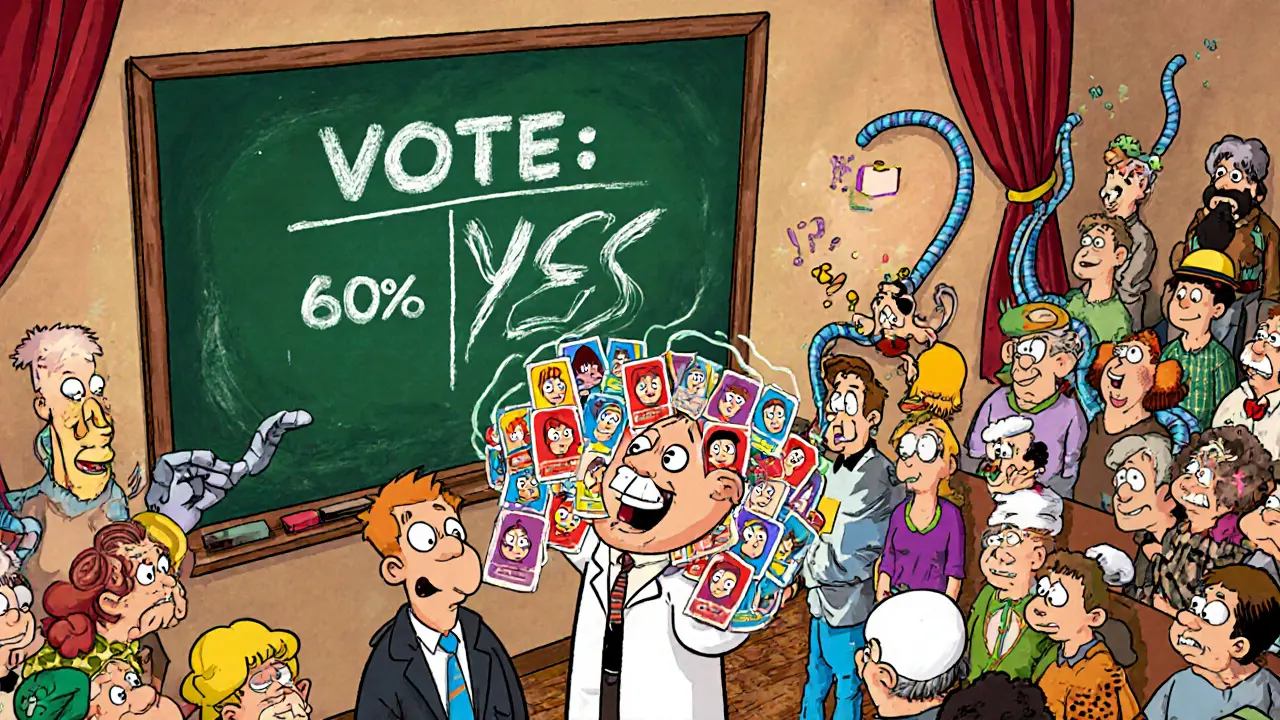 A man floods a town meeting with 500 fake IDs, skewing a vote while others look confused.