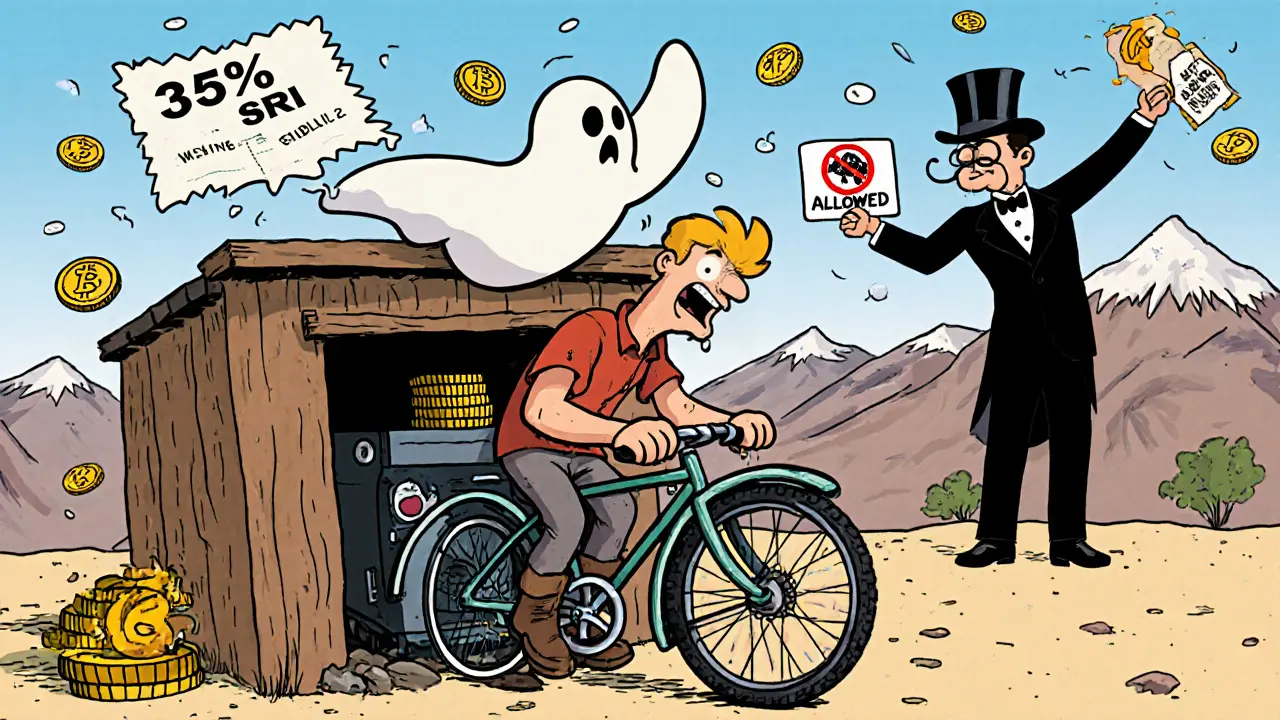 A miner pedaling a bike to power a Bitcoin rig, with a floating tax receipt above him.