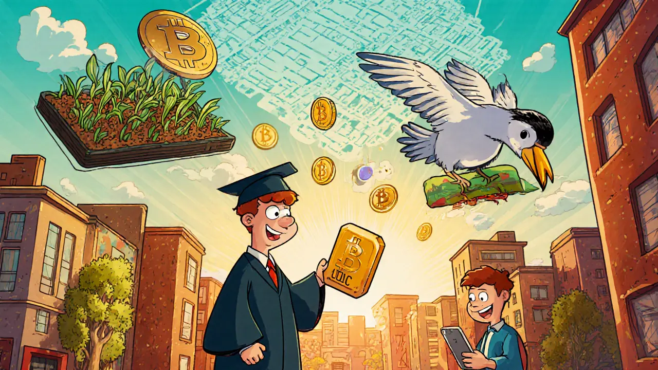 A student, farmer, and freelancer use crypto for daily needs in a whimsical, blockchain-shaped city.