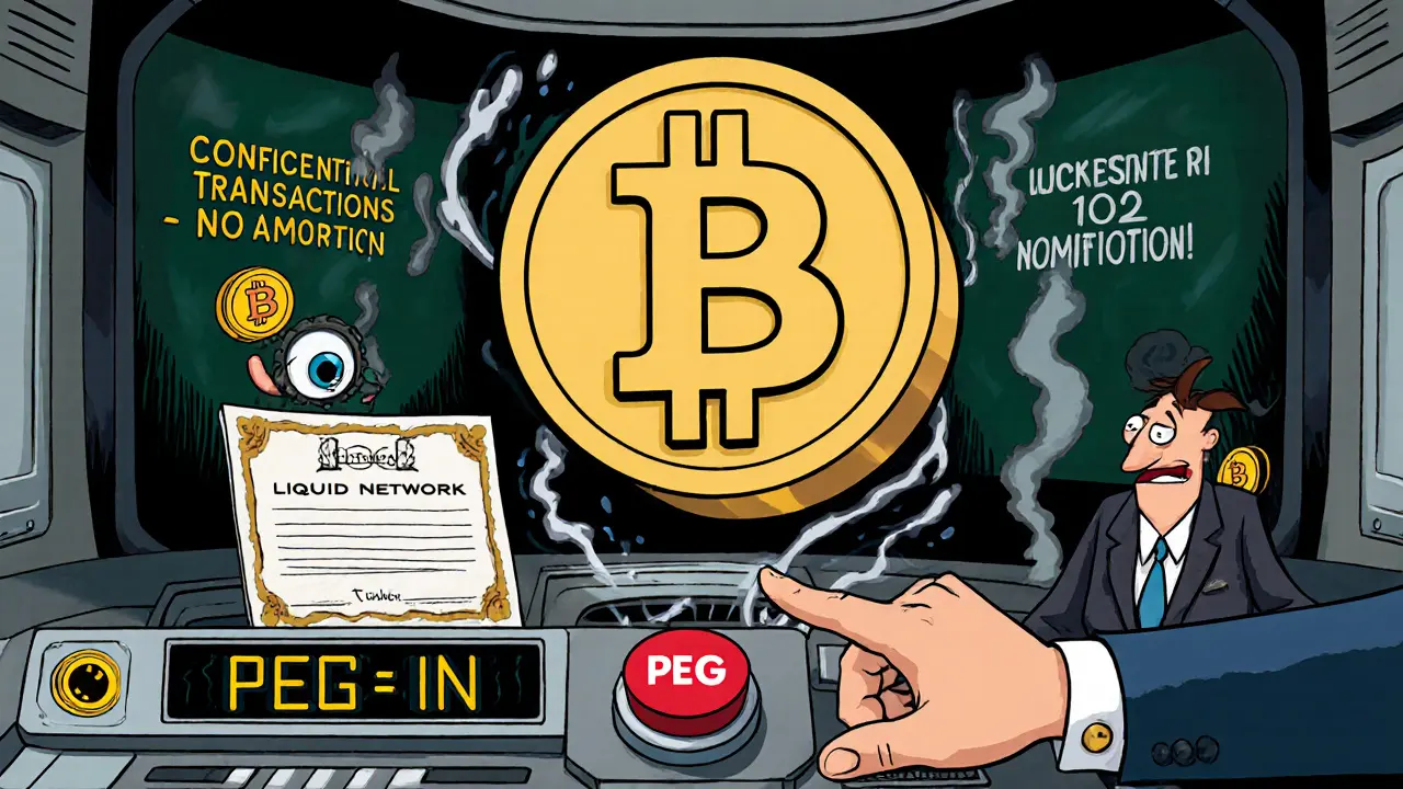 A trader activating a peg-in on Liquid Network with a 102-confirmation countdown and confidential transaction signs.