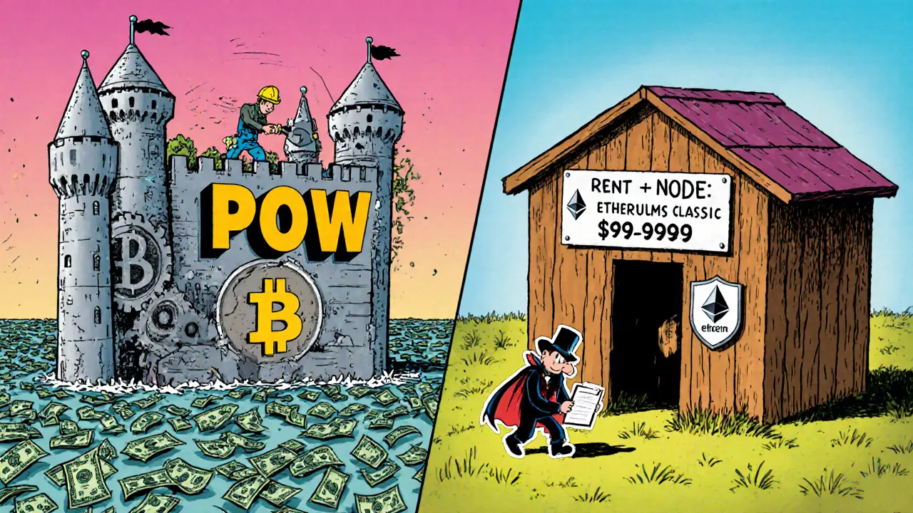 Bitcoin’s strong fortress with POW guards contrasts with a weak shack labeled Ethereum Classic.
