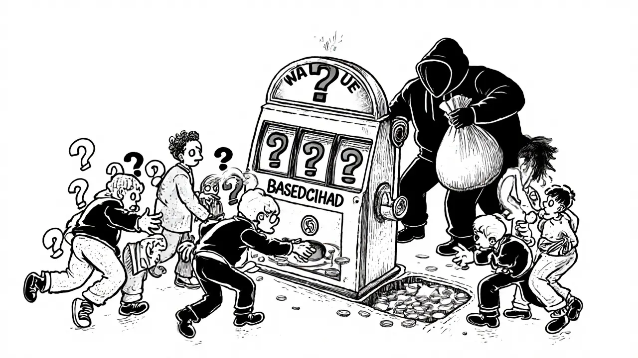 Confused investors reaching for an empty slot machine labeled BASEDChad as a thief walks away.