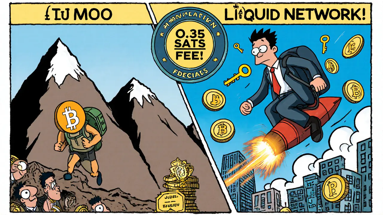 Contrast between slow Bitcoin traveler and speedy L-BTC jetpack rider in a stylized cartoon financial world.
