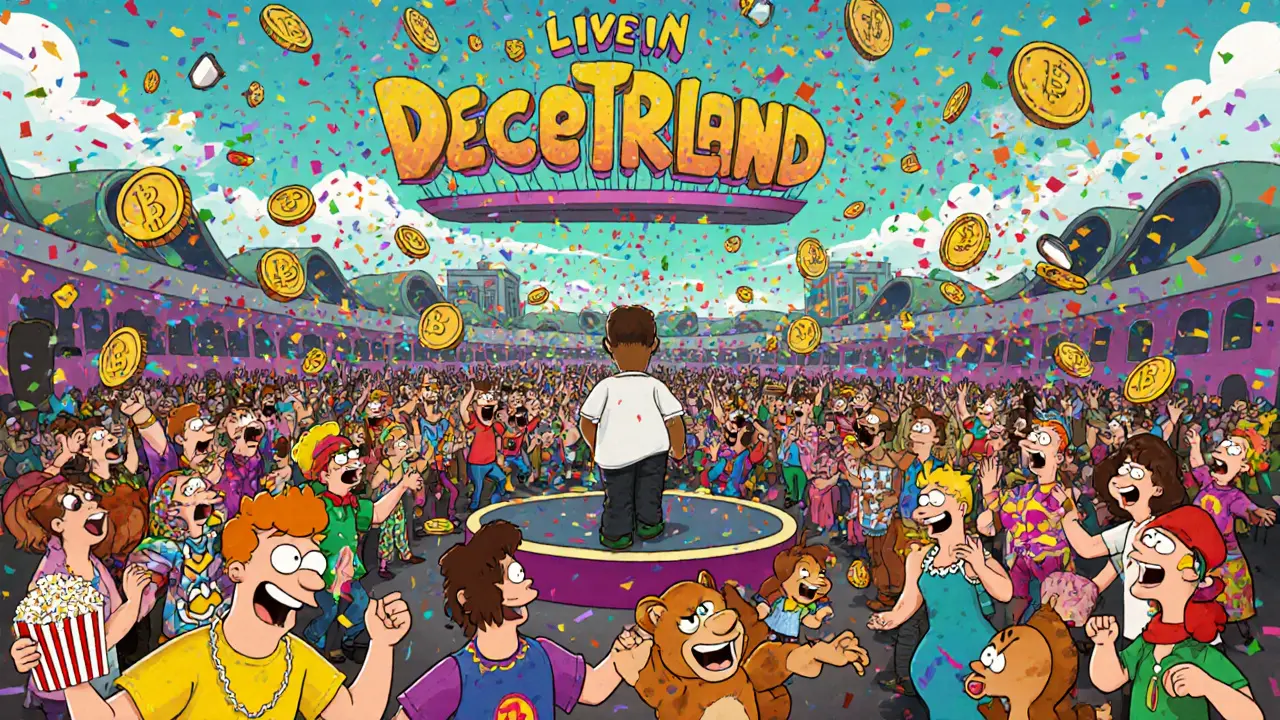 Crowd dancing at a cartoon concert with crypto coin confetti and NFT merch bouncing on avatars.