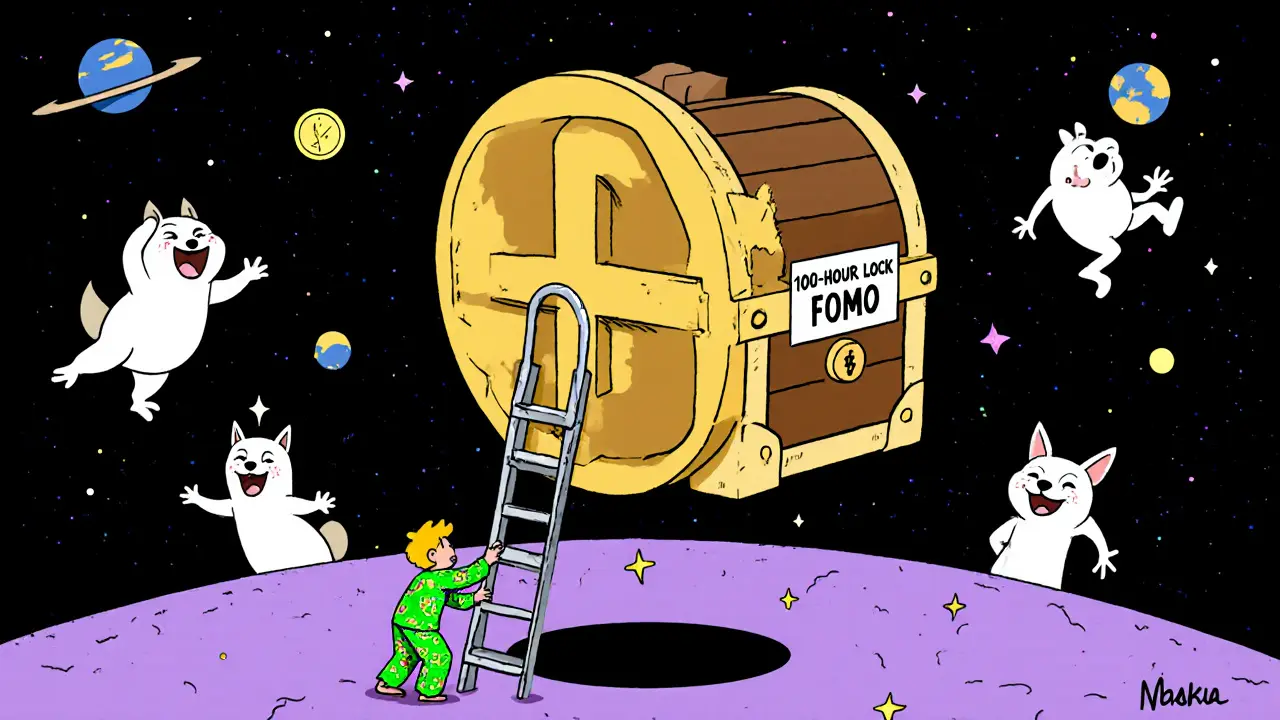 Giant HUNDRED token as a locked chest with ghostly memecoins laughing far away in space.