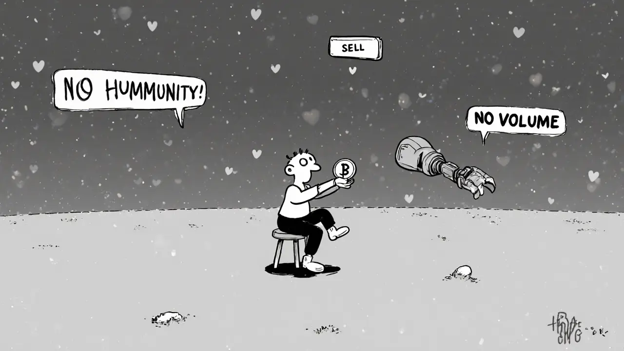 Lonely trader holding a tiny HUNDRED coin in an empty digital void with floating labels of absence.