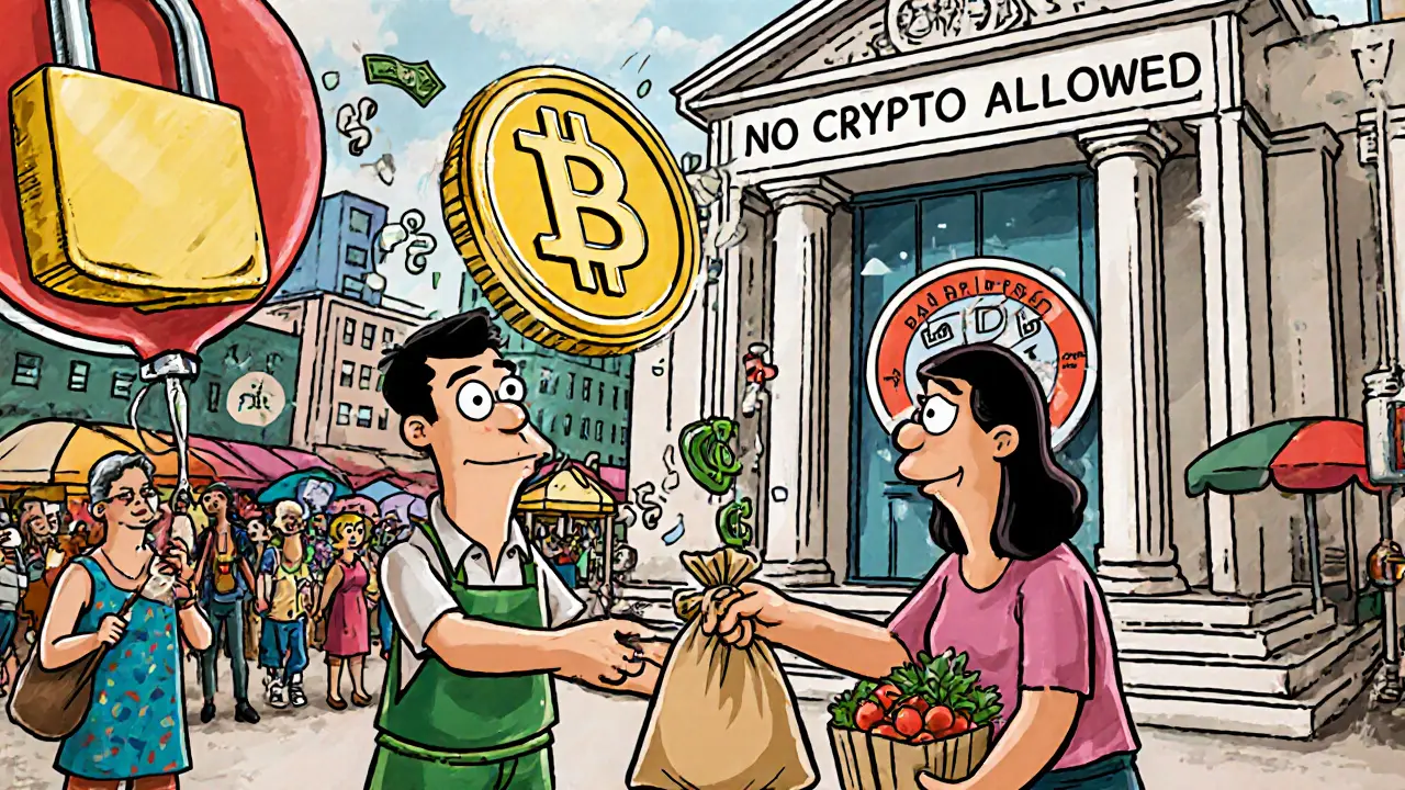 People trading crypto for groceries in a street market, with a locked bank building in the background.