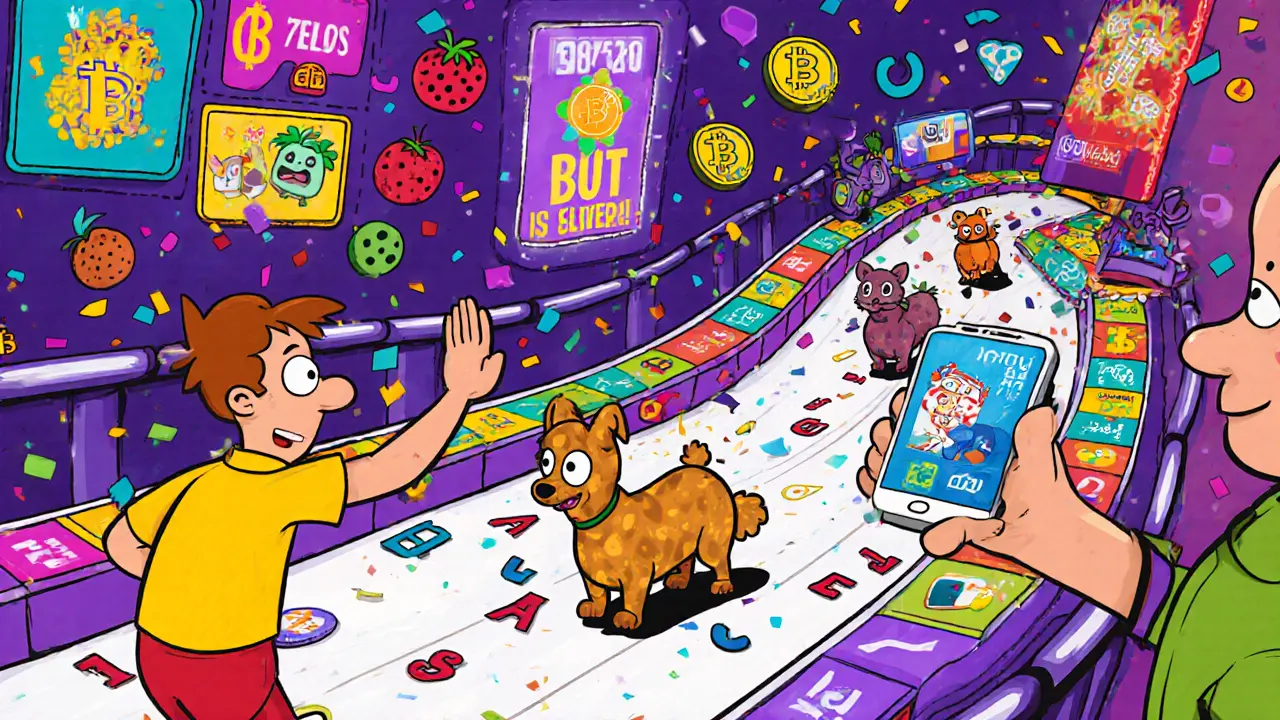 Players racing cartoon pets in a crypto-themed arcade game, with AI pets changing colors and ads floating as confetti.