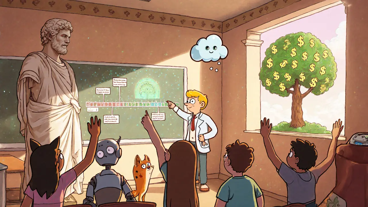 Teacher in ancient Rome virtual classroom with animated statue and AI assistant helping students.