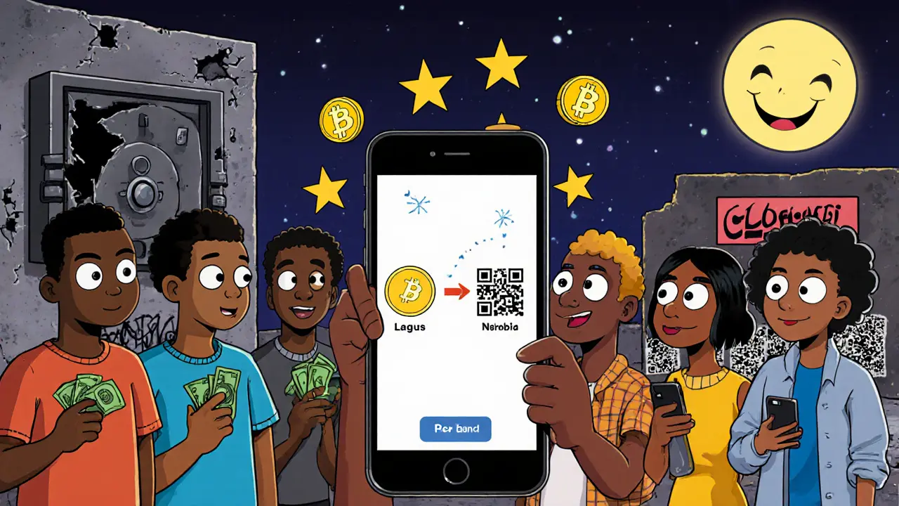 Young people across continents trade crypto using cash and phones, with digital coins floating like stars.
