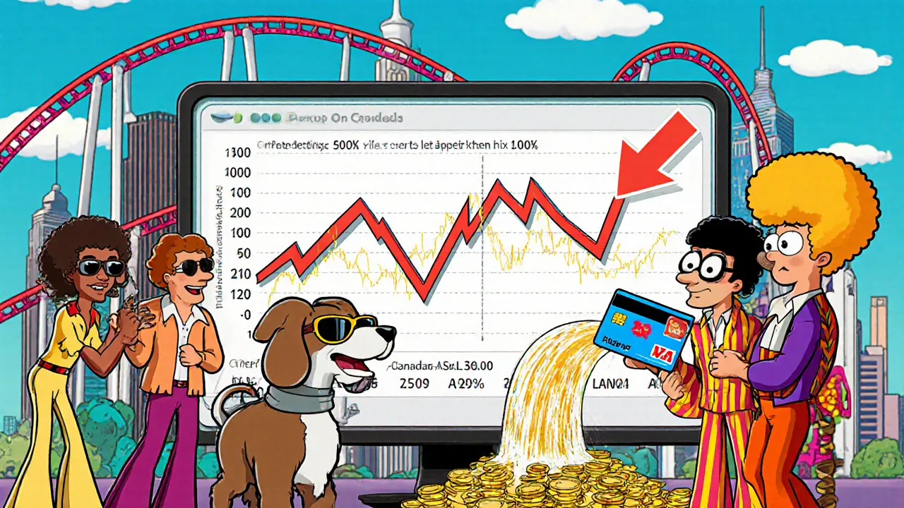 70s-style traders watching 500x leverage charts, using a copy-trading robot dog and depositing CAD with a cartoon card.