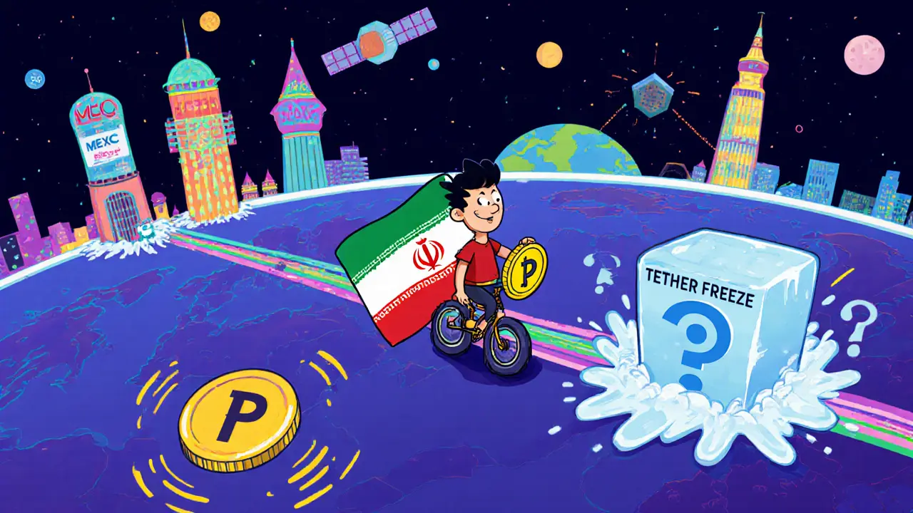 A cartoon traveler on a unicycle riding crypto cables between global exchanges, avoiding frozen USDT blocks.