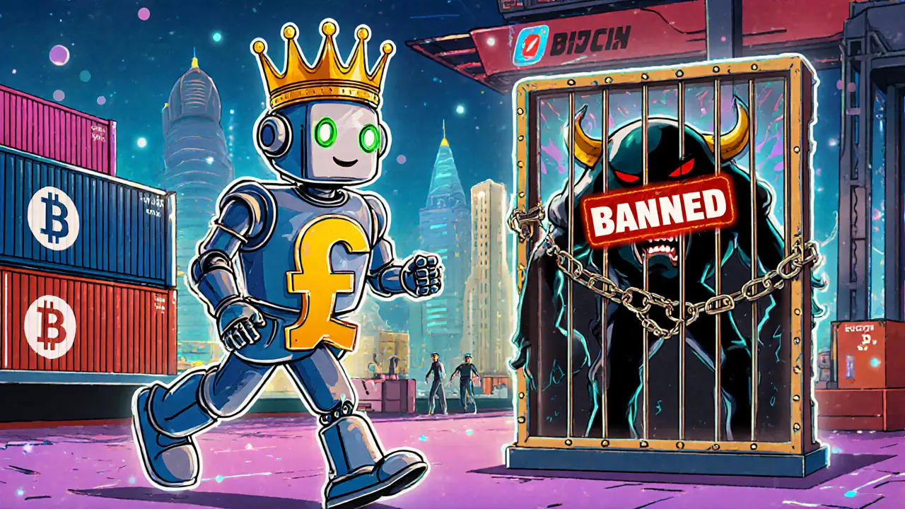 A friendly digital Egyptian pound robot uses blockchain tech at a port, while banned crypto is locked away.