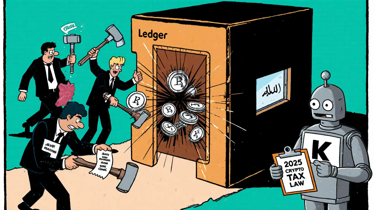 A hardware wallet vault protects DAI coins as sanctions and tax figures bang on the door, with a KuCoin robot helping.