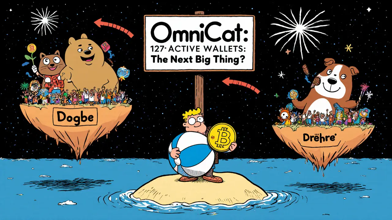 A lonely investor holds a giant OMNI token on a tiny island while other meme coins party on distant, lively islands.